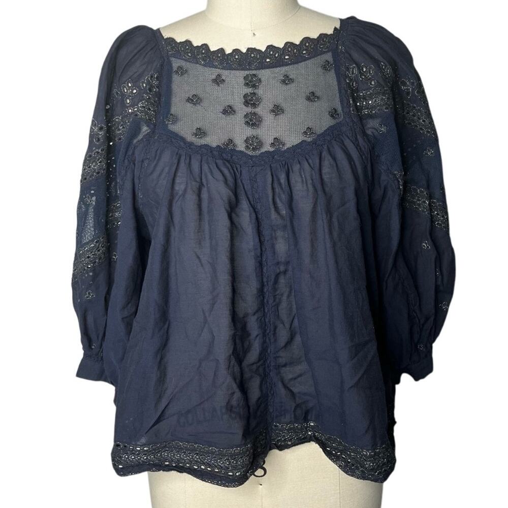 By Anthropologie Jaslyn Embroidered Navy Peasant Top Size Small